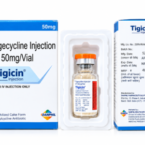Tigicin Injection 50mg/vial (Tigecycline Injection) pharmaceutical product packaging with vial